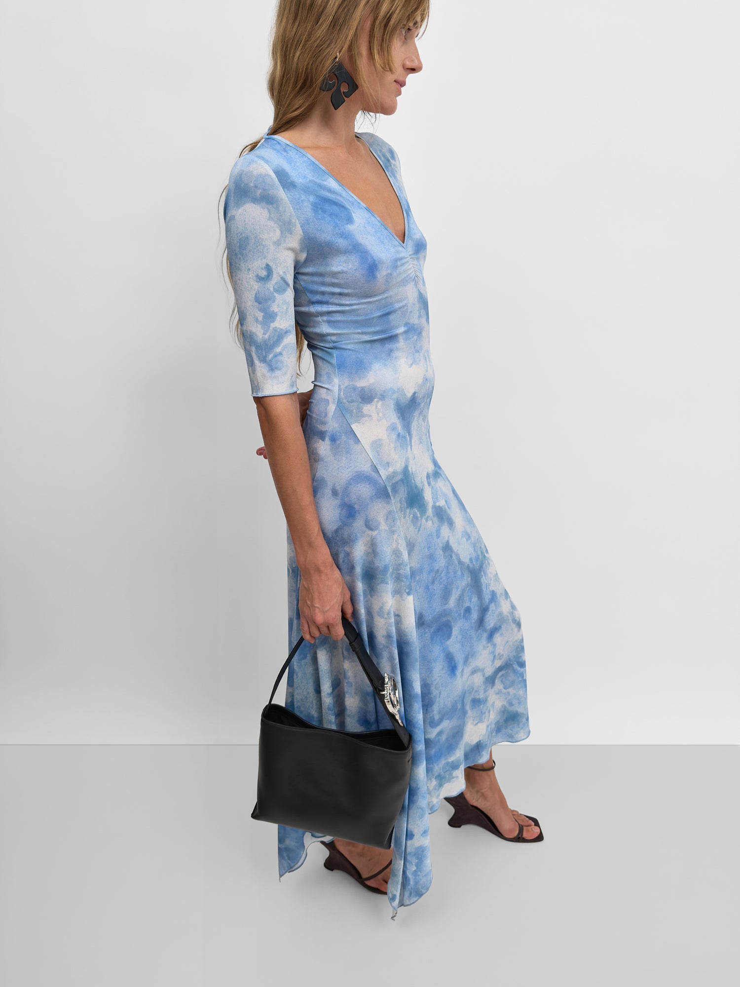 The Jett v-neck open back tricot dress in Clouds